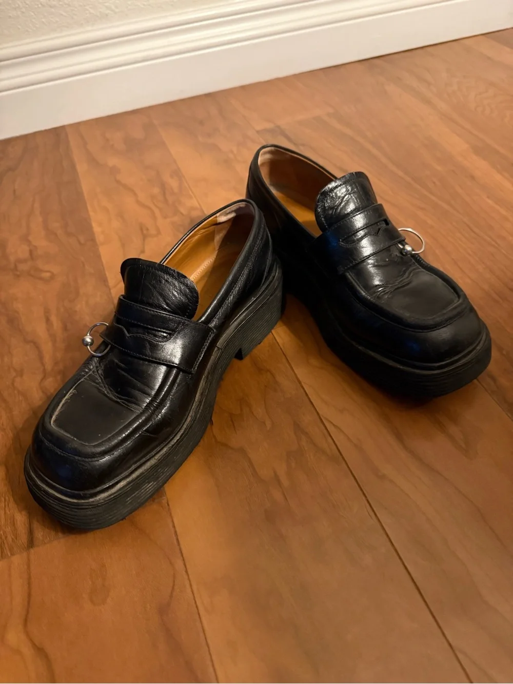 Marni Black Leather Platform Loafers with Silver Ring Detail
